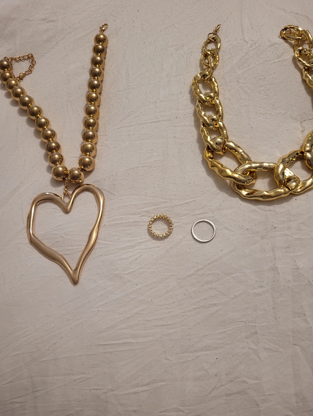 Gold Heart Pendant Beaded Necklace - And Rings